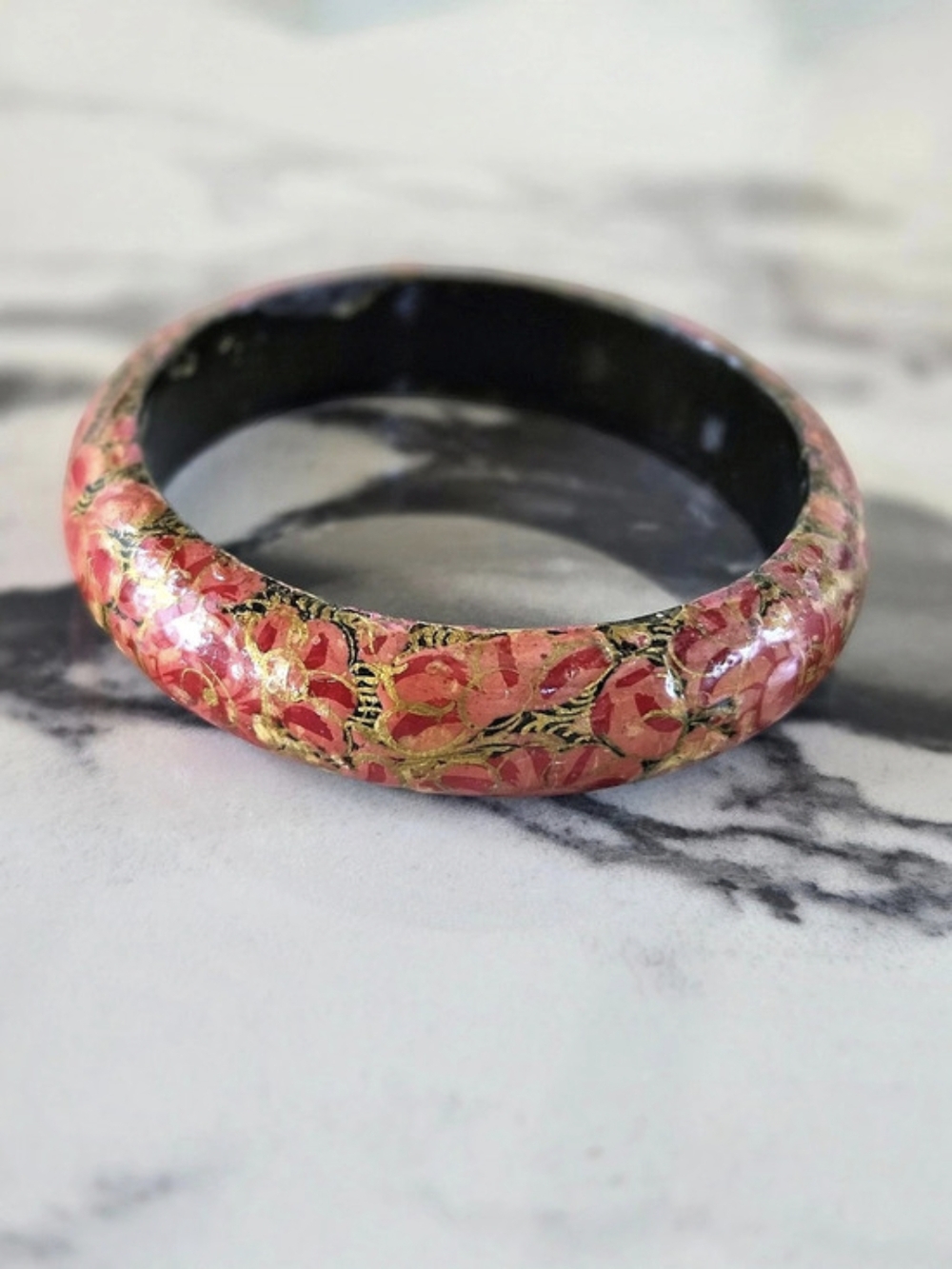 Vintage Pink & Gold Floral Papier-Mâché Bangle Bracelet